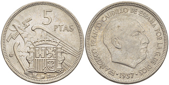 Испания 5 песет 1957 (71) Франсиско Франко (1939-1975) KM 786 медно-никель 216-632