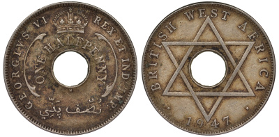 Британская Западная Африка 1/2 пенни 1947 H, Георг VI KM 18 медно-никель 25-2244