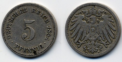 ГЕРМАНИЯ 5 ПФЕННИГОВ 1894 A, KM 11, J. 12 медно-никель 51-5257