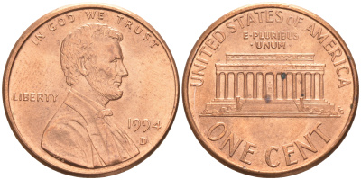 США 1 ЦЕНТ 1994 D, ЛИНКОЛЬН KM 201b цинк плакированный медью UNC 187-658