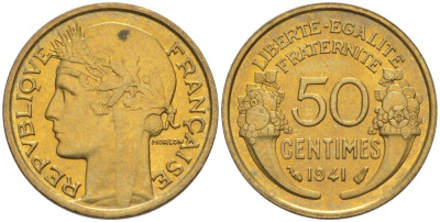 ФРАНЦИЯ 50 САНТИМОВ 1941 ТИП MORLON KM 894.1, LE FRANC 192.18 алюминиевая бронза 44-651