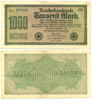 ГЕРМАНИЯ 1000 МАРОК 1922 15 СЕНТЯБРЯ 1922, ВОДЯНОЙ ЗНАК G, БЕЛАЯ БУМАГА Pick 76e бумага 7548-10-2-1