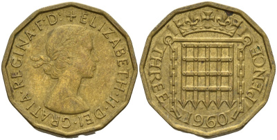 Великобритания 3 пенса 1960 Елизавета II (1952-2022) KM 900, Spink 4153 никель латунь 4146-345
