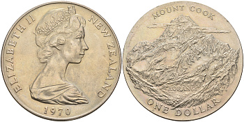 Новая Зеландия 1 доллар 1970 гора Кука, Аораки, Елизавета II (1952-2022) KM 42 медно-никель UNC 4558-311