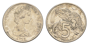 Новая Зеландия 5 центов 1985 Елизавета II (1952-2022), ящерица гаттерия KM 34 медно-никель 4651-219