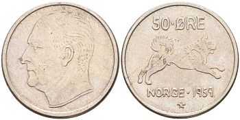 Норвегия 50 эре 1965 Улаф V (1957-1991), собака KM 408 медно-никель 63-1022