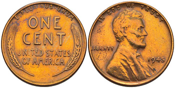 США 1 ЦЕНТ 1945 ЛИНКОЛЬН KM А132 медь цинк 218-458