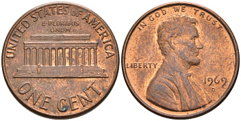 США 1 цент 1969 D, Линкольн KM 201 медь цинк 4564-453