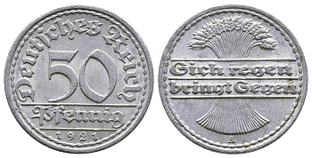 Германия 50 пфеннигов 1921 A KM 27, J.301, Weege 10 алюминий 4380-827