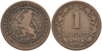 Нидерланды 1 цент 1878 Виллем III (1849-1890) KM 107 бронза 4576-538