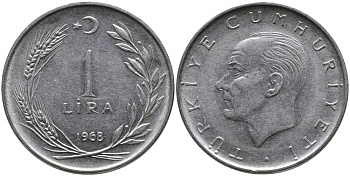 Турция 1 лира 1968 Мустафа Кемаль Ататюрк KM 889а.2 нержавеющая сталь 4538-736