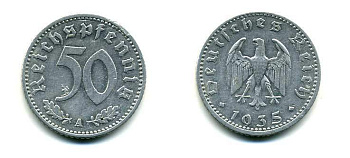 Германия 50 рейхспфеннигов 1935 A KM 87, J.368 алюминий 179-917