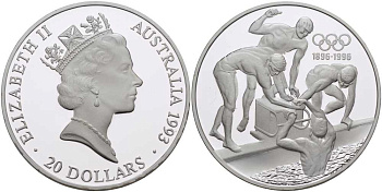 Австралия 20 долларов 1993 Олимпийские игры 1996, плавание, 100 лет Олимпийскому движению (1896-1996) KM 219 серебро PROOF 1078-2-23