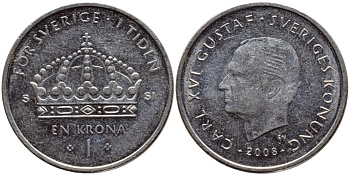 Швеция 1 крона 2008 Карл XVI Густав (1973- ) KM 894 медно-никель 85-917