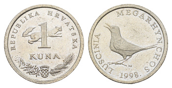 Хорватия 1 куна 1998 западный соловей, четный год KM 20.2 медь цинк никель aUNC 4571-1221