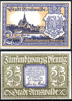 Арнсвальде (Пруссия, Бранденбург) 25 пфеннигов 1921 Mehl Grabowski A25.9a бумага UNC (пресс) 7556-45-1-1