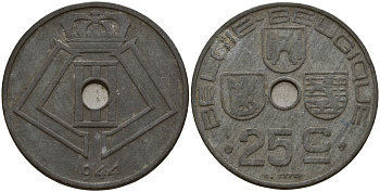 Бельгия 25 сантимов 1944 Belgie - Belgique, Леопольд III (1934-1947), германская оккупация, Вторая мировая война KM 132 цинк 4157-631