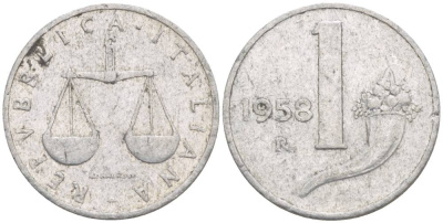 ИТАЛИЯ 1 ЛИРА 1958 R, РОГ ИЗОБИЛИЯ, ВЕСЫ KM 91 алюминий 4549-126