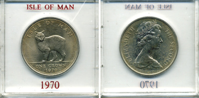 Остров Мэн 1 крона 1970 кошка Мэна, в оригинальной пластиковой коробке KM 18 медно-никель UNC 6-6-1-54