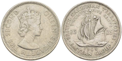 Британские Восточно-Карибские территории 25 центов 1965 Елизавета II (1952-2022), парусник KM 6 медно-никель 217-1022