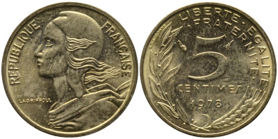 ФРАНЦИЯ 5 САНТИМОВ 1978 ТИП MARIANNE KM 933 медь алюминий никель 261-667