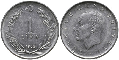 Турция 1 лира 1968 Мустафа Кемаль Ататюрк KM 889а.2 нержавеющая сталь 4538-736