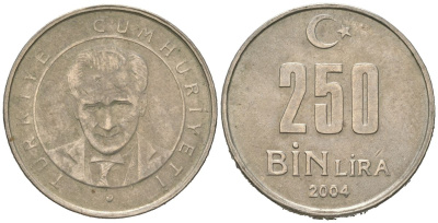 Турция 250000 лир 2004 KM 1137 медь цинк никель 4388-133