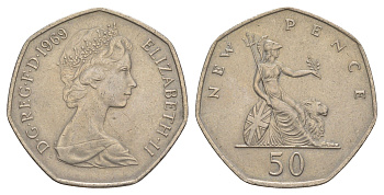 Великобритания 50 новых пенсов 1969 Елизавета II (1952-2022) KM 913, Spink 4223 (H1) медно-никель 4638-437