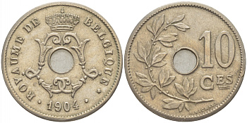 БЕЛЬГИЯ 10 САНТИМОВ 1904 BELGIQUE KM 52 медно-никель aUNC 4529-132