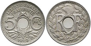 Франция 5 сантимов 1919 тип Линдайё KM 865, Le Franc 121.3 медно-никель 4548-947