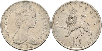 Великобритания 10 пенсов 1975 Елизавета II (1952-2022) KM 912, Spink 4231 (F1) медно-никель 4117-925