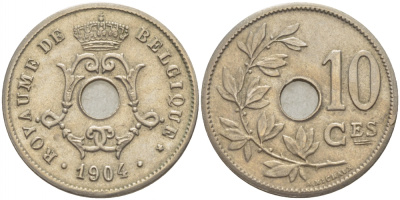 БЕЛЬГИЯ 10 САНТИМОВ 1904 BELGIQUE KM 52 медно-никель aUNC 4529-132