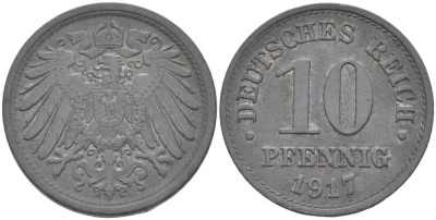 ГЕРМАНИЯ 10 ПФЕННИГОВ 1917 KM 26, J. 299 цинк 4401-124