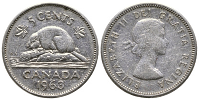 КАНАДА 5 ЦЕНТОВ 1963 ЕЛИЗАВЕТА II, БОБЕР KM 57 никель 4364-2332