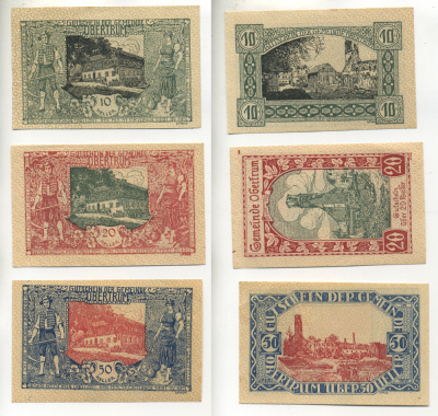 АВСТРИЯ НАБОР ИЗ 3 БАНКНОТ 1920 НОТГЕЛЬД, 10, 20, 50 ГЕЛЛЕРОВ, OBERTRUM бумага aUNC 6278-36-1-1