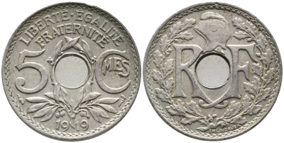 Франция 5 сантимов 1919 тип Линдайё KM 865, Le Franc 121.3 медно-никель 4548-947
