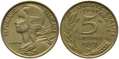ФРАНЦИЯ 5 САНТИМОВ 1969 ТИП MARIANNE KM 933 медь алюминий никель 176-659