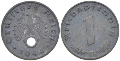 ГЕРМАНИЯ 1 РЕЙХСПФЕННИНГ 1944 B KM 97, J.369 цинк 201-1011