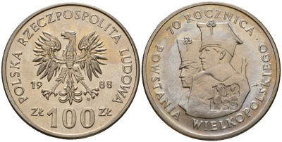 Польша 100 злотых 1988 MW, 70 лет Великопольскому восстанию Y 182 медно-никель UNC 88-745