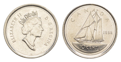 Канада 10 центов 1998 Елизавета II (1952-2022), парусник KM 183 никель 4636-639
