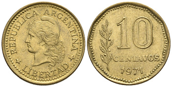 Аргентина 10 сентаво 1971 голова свободы влево KM 66, CJ 344, Schon 66 алюминиевая бронза    4609-1219