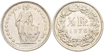 ШВЕЙЦАРИЯ 1/2 ФРАНКА 1976 KM 23а.1 медно-никель 4532-1049