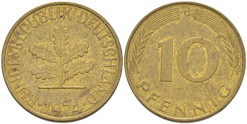 ФРГ 10 ПФЕННИГОВ 1974 G KM 108, J. 383 сталь плакированная латунью 4182-841