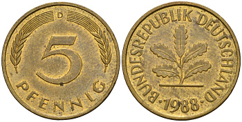 ФРГ 5 пфеннигов 1988 D KM 107, J.382 сталь плакированная латунью 4115-1229