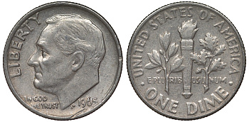 США 10 центов = дайм 1965 Рузвельт KM 195а медь плакированная медно-никелем 4124-434