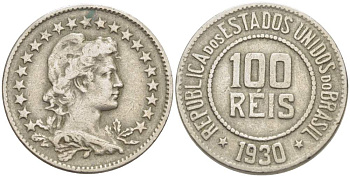 БРАЗИЛИЯ 100 РЕЙС 1930 ГОЛОВА СВОБОДЫ ВПРАВО KM 518 медно-никель 4529-546