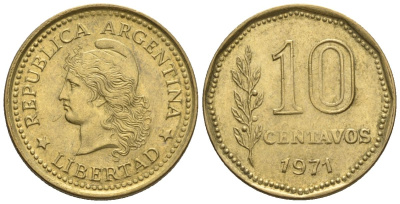 Аргентина 10 сентаво 1971 голова свободы влево KM 66, CJ 344, Schon 66 алюминиевая бронза    4609-1219