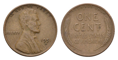 США 1 цент 1951 D, Авраам Линкольн KM 132 бронза 4580-862
