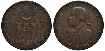 Великобритания 1/2 пенни 1794 Хэмпшир - Портсмут / Джон Ховард Dalton & Hamer 55, Atkins 34 медь 1523-923