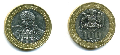 Чили 100 песо 2010 индейцы Мапуче KM 236 биметалл 41-612